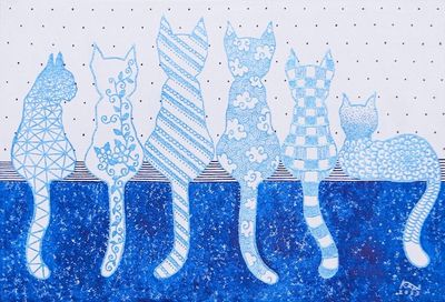 Alternate image for Whimsical Cat-Themed Acrylic Painting in Blue and White Blue Cat with Friends