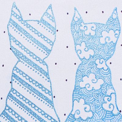 Alternate image for Whimsical Cat-Themed Acrylic Painting in Blue and White Blue Cat with Friends