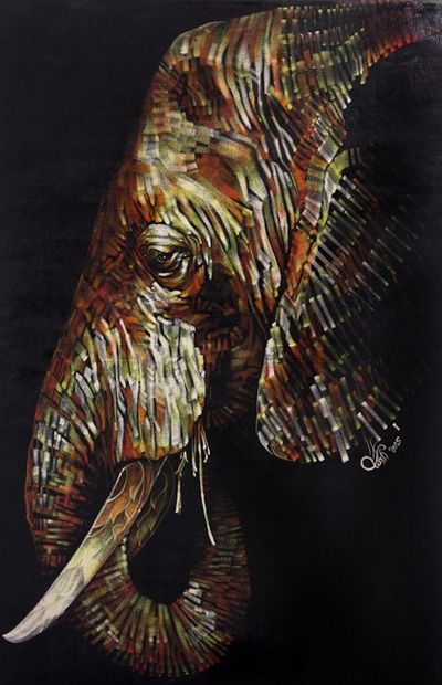 Image for Original Signed Painting of Elephant in Acrylic and Pastel Elegant Elephant