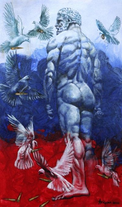 Alternate image for Signed Expressionist Peace Painting of a Man and Doves Peaceful Heart