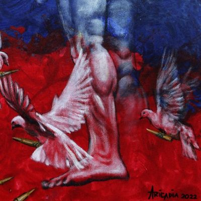 Alternate image for Signed Expressionist Peace Painting of a Man and Doves Peaceful Heart