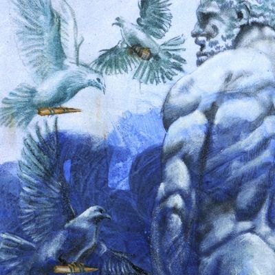 Alternate image for Signed Expressionist Peace Painting of a Man and Doves Peaceful Heart