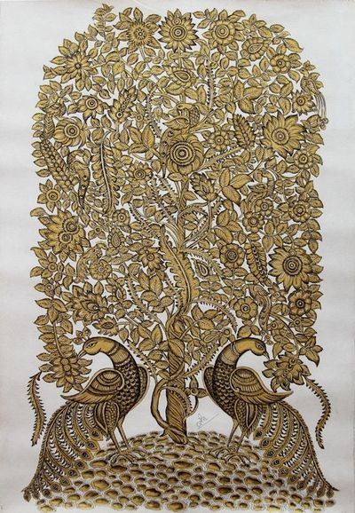 Image for Kalamkari Style Folk Art Painting in Acrylic on Canvas Golden Fantasy