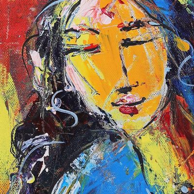 Alternate image for Unstretched Red and Blue Expressionist Acrylic Painting Violinist