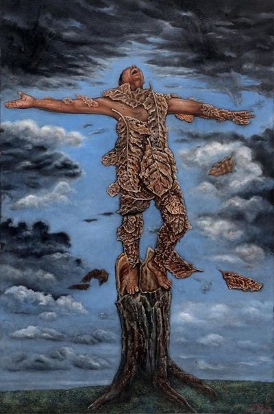 Alternate image for Surrealist Painting of a Leafy Man from Bali 2019 Back to Nature II