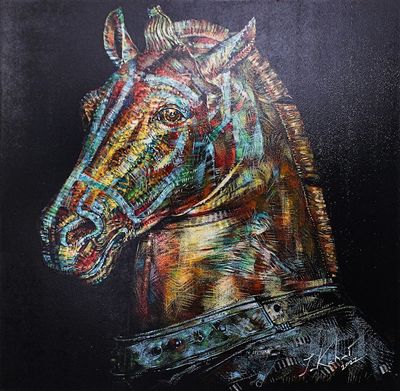 Alternate image for Stretched Acrylic Painting of Horse on Black Background Horse in Black Scene