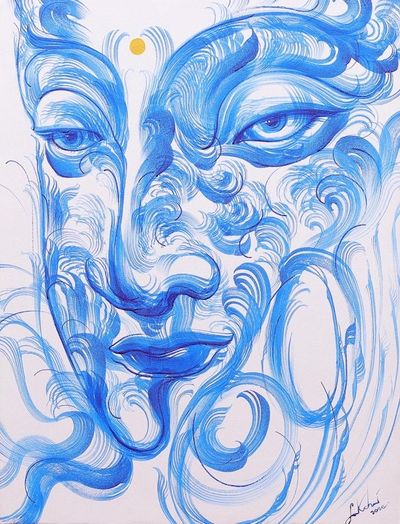Alternate image for Original Thai Painting of Buddha in Blue on White Relaxing Breath