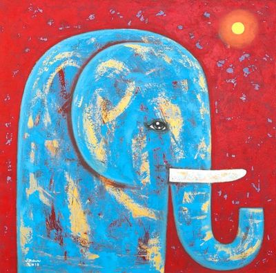 Alternate image for Signed Naif Painting of a Blue Elephant from Thailand Red Full Moon