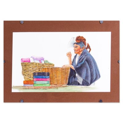 Alternate image for Signed and Mounted Portrait of a Oaxacan Woman from Mexico Shawl Vendor