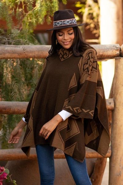 Alternate image for Mahogany and Burnt Sienna Alpaca Blend Poncho from Peru Inca Style