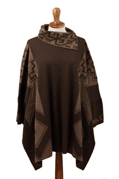 Alternate image for Mahogany and Burnt Sienna Alpaca Blend Poncho from Peru Inca Style