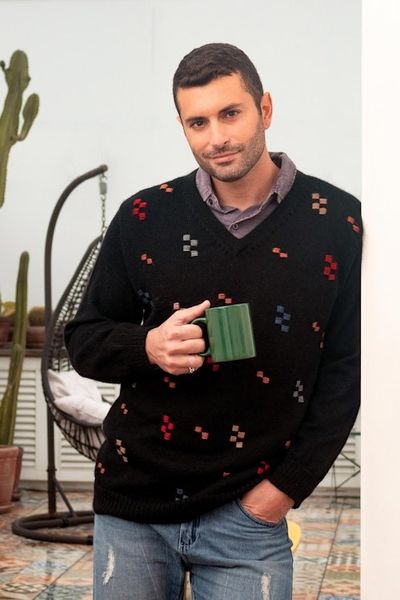 Alternate image for 100 Alpaca Mens Pullover Sweater with Hand Embroidery Little Stitches