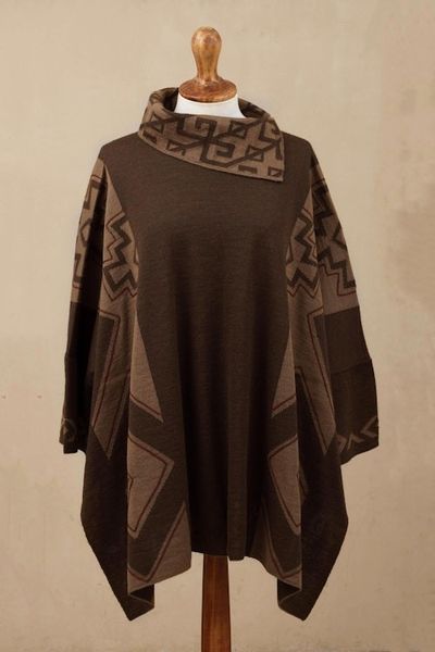 Alternate image for Mahogany and Burnt Sienna Alpaca Blend Poncho from Peru Inca Style