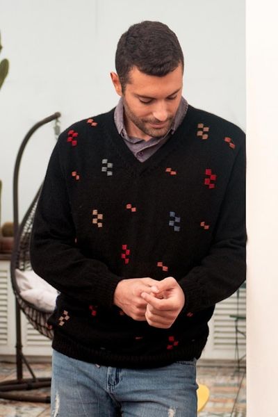 Alternate image for 100 Alpaca Mens Pullover Sweater with Hand Embroidery Little Stitches