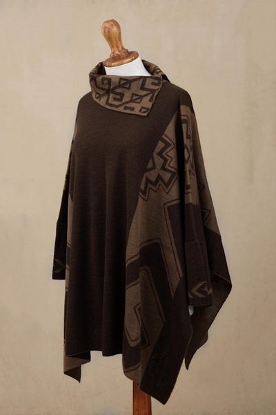 Alternate image for Mahogany and Burnt Sienna Alpaca Blend Poncho from Peru Inca Style