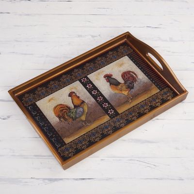 Alternate image for Rooster-Themed Reverse Painted Glass Tray Crowing Roosters