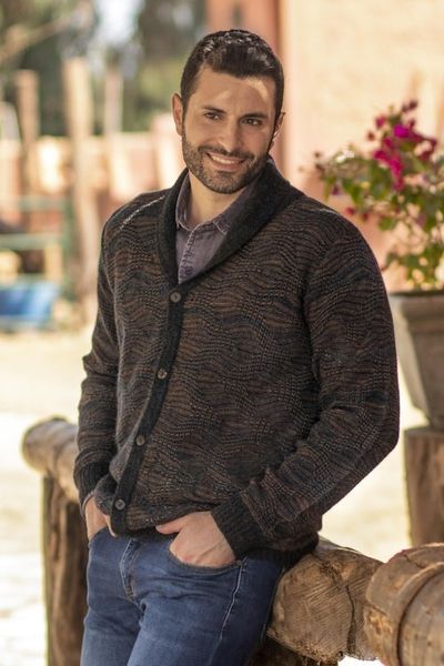 Alternate image for Azure and Sunrise Mens 100 Alpaca Cardigan from Peru Warm Waves