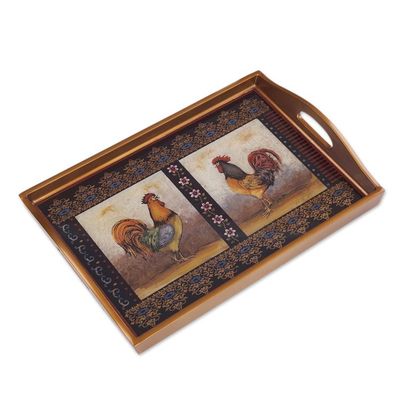 Alternate image for Rooster-Themed Reverse Painted Glass Tray Crowing Roosters