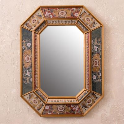 Alternate image for Floral Reverse Painted Glass Frame Octagonal Wall Mirror Gaze
