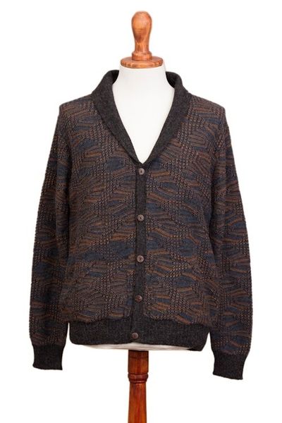 Alternate image for Azure and Sunrise Mens 100 Alpaca Cardigan from Peru Warm Waves