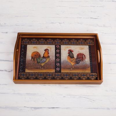 Alternate image for Rooster-Themed Reverse Painted Glass Tray Crowing Roosters