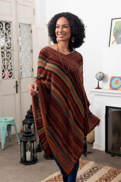 Alternate image for Red and Multi-Color Striped Acrylic Knit Poncho Rivers of Red