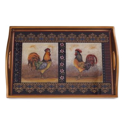 Alternate image for Rooster-Themed Reverse Painted Glass Tray Crowing Roosters