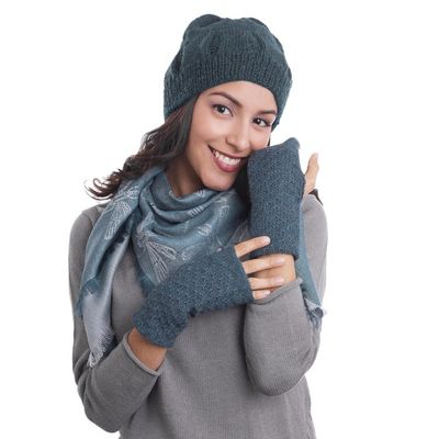 Alternate image for Patterned 100 Baby Alpaca Fingerless Mitts in Teal Gossamer Teal