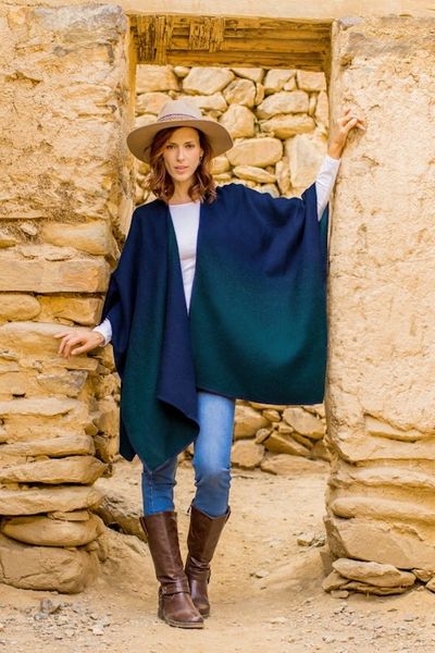 Alternate image for Reversible Alpaca Blend Ruana in Navy and Kelly Green Andean Vistas