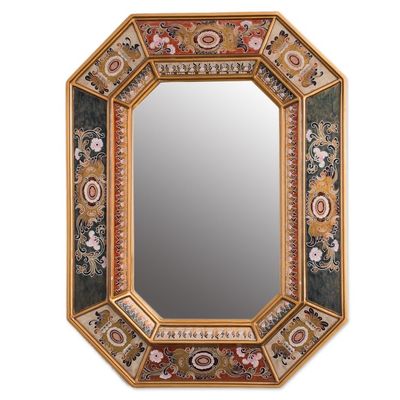 Alternate image for Floral Reverse Painted Glass Frame Octagonal Wall Mirror Gaze