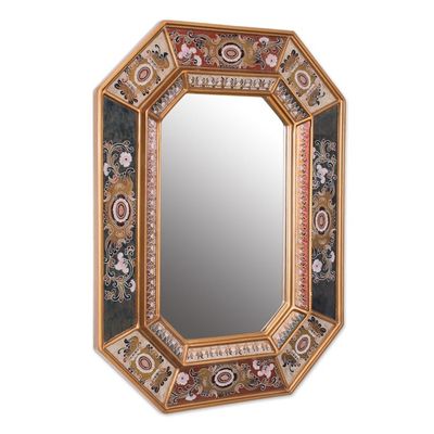 Alternate image for Floral Reverse Painted Glass Frame Octagonal Wall Mirror Gaze