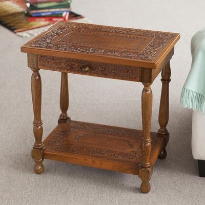 Alternate image for Traditional Leather Wood End Table Andean Elegance