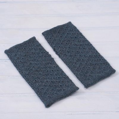 Alternate image for Patterned 100 Baby Alpaca Fingerless Mitts in Teal Gossamer Teal