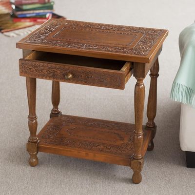 Alternate image for Traditional Leather Wood End Table Andean Elegance