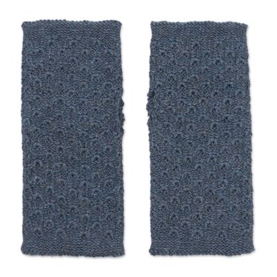 Alternate image for Patterned 100 Baby Alpaca Fingerless Mitts in Teal Gossamer Teal