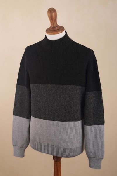 Alternate image for Mens Blac Grey Baby Alpaca Blend Sweater Peru Peru in Three