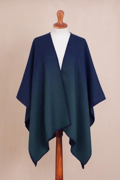 Alternate image for Reversible Alpaca Blend Ruana in Navy and Kelly Green Andean Vistas