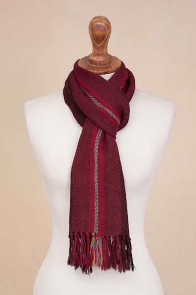Alternate image for Handwoven 100 Alpaca Wrap Scarf in Crimson from Peru Andean Zigzag in Crimson