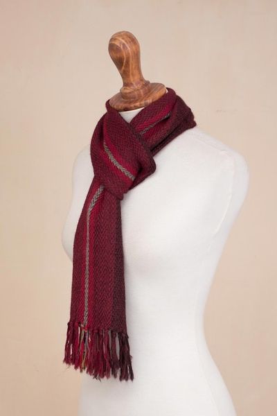 Alternate image for Handwoven 100 Alpaca Wrap Scarf in Crimson from Peru Andean Zigzag in Crimson