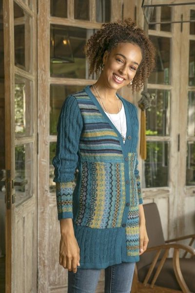 Alternate image for Cable Knit 100 Alpaca Cardigan in Teal from Peru Patchwork in Teal