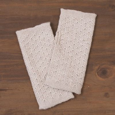 Alternate image for Patterned 100 Baby Alpaca Fingerless Mitts in Ivory Gossamer Champagne