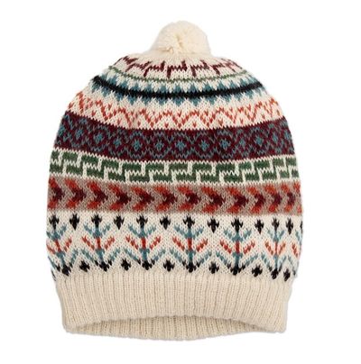 Alternate image for Traditional Knit Ivory Alpaca Hat from the Andes Andean Nature