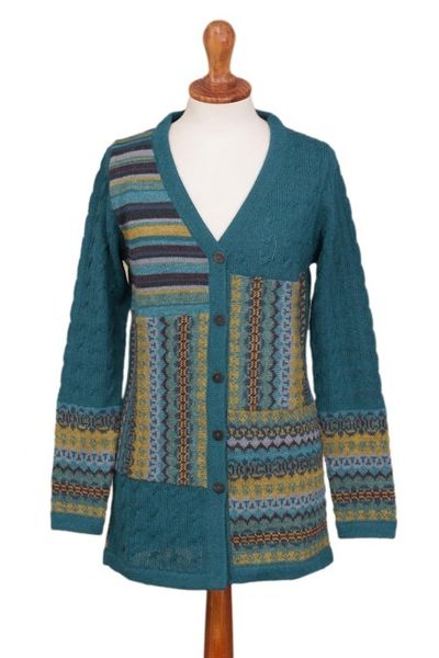 Alternate image for Cable Knit 100 Alpaca Cardigan in Teal from Peru Patchwork in Teal