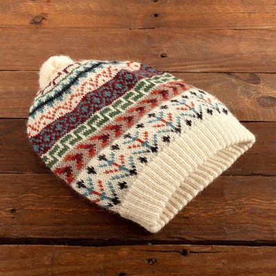 Alternate image for Traditional Knit Ivory Alpaca Hat from the Andes Andean Nature
