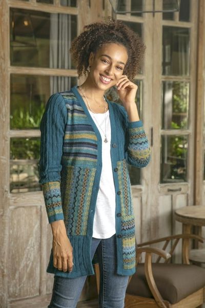 Alternate image for Cable Knit 100 Alpaca Cardigan in Teal from Peru Patchwork in Teal