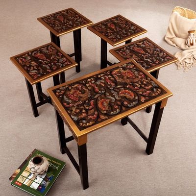 Alternate image for Set of 5 Accent Tables Handmade from Wood and Leather Firebirds