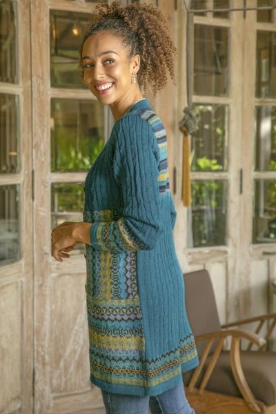 Alternate image for Cable Knit 100 Alpaca Cardigan in Teal from Peru Patchwork in Teal