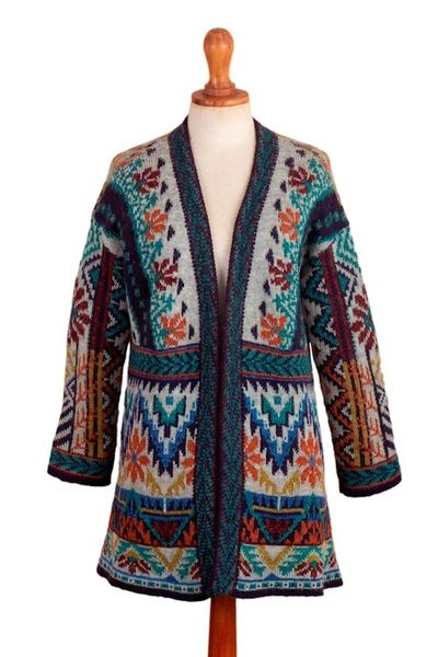Alternate image for Traditional Knit Baby Alpaca Blend Cardigan from Peru Flower of the Andes