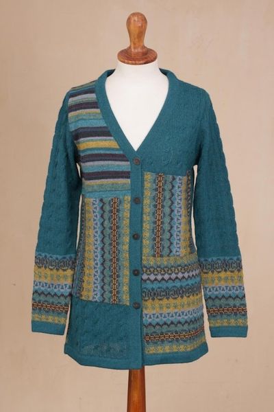 Alternate image for Cable Knit 100 Alpaca Cardigan in Teal from Peru Patchwork in Teal
