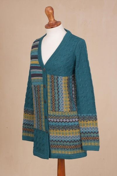 Alternate image for Cable Knit 100 Alpaca Cardigan in Teal from Peru Patchwork in Teal